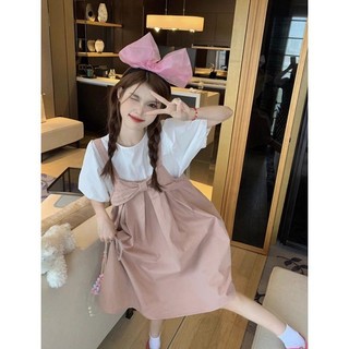 Set Áo Sơ Mi Tay Phồng + Đầm Yếm Dáng Rộng Phối Nơ Xinh Xắn Dành Cho Nữ