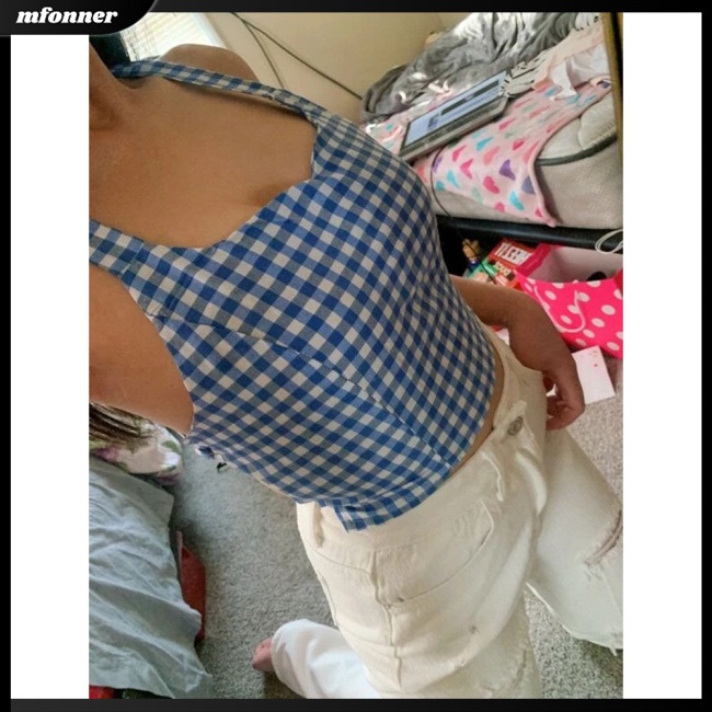 Áo Crop Top Không Tay Hở Lưng Họa Tiết Sọc Caro Gợi Cảm Cho Nữ