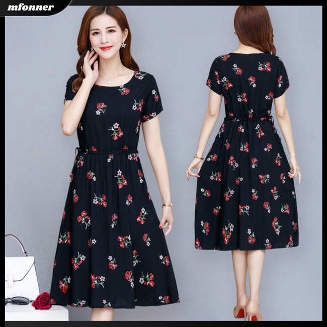 Đầm Midi Dáng Rộng Cổ Tròn In Hoa Thời Trang Mùa Hè Cho Nữ Plus Size