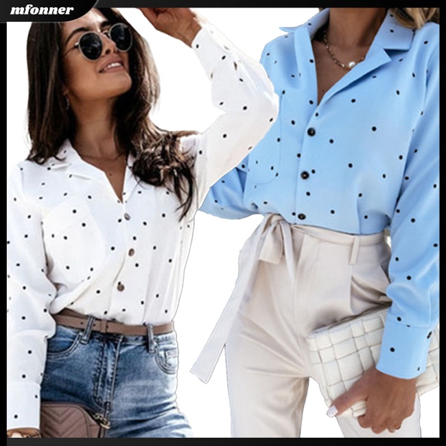 Áo Sơ Mi Tay Dài Họa Tiết Chấm Bi Có Túi Cho Nữ