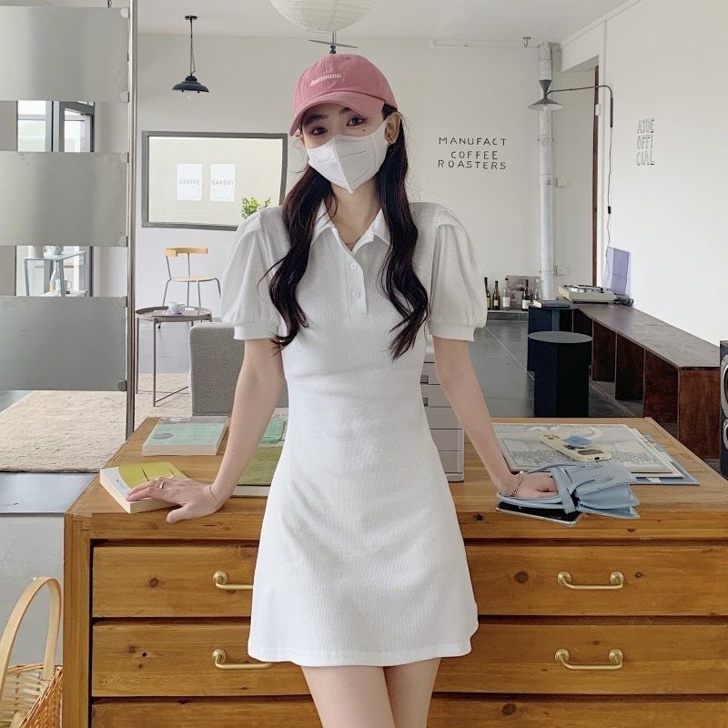 Đầm mini Tay Phồng Cài Nút Màu Hồng Thanh Lịch Quyến Rũ Thời Trang Hàn Quốc Cho Nữ