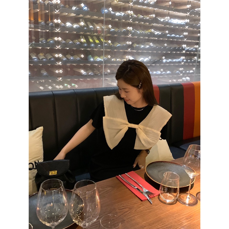 SUXI Đầm Thun Dệt Kim Cổ Tròn Dáng Rộng Cột Nơ Phong Cách Vintage Hàn Quốc