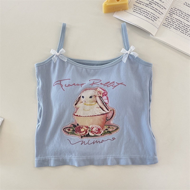 Suxi Áo Hai Dây Hở Rốn Ôm Dáng Eo Cao Lộ Rốn Hình Thỏ Cúp Trà Đáng Yêu Có Đệm Ngực Mùa Hè Cho Nữ