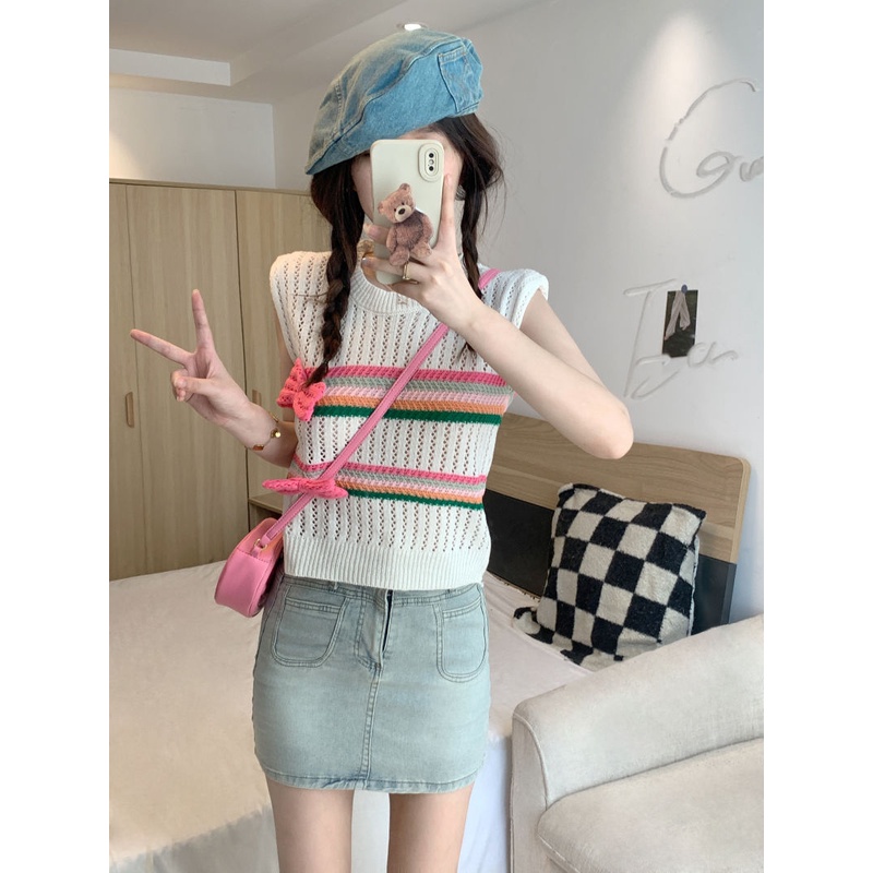 Áo Tank Top Dệt Kim Sát Nách Đính Nơ Độc Đáo Thời Trang Mùa Hè Cho Nữ