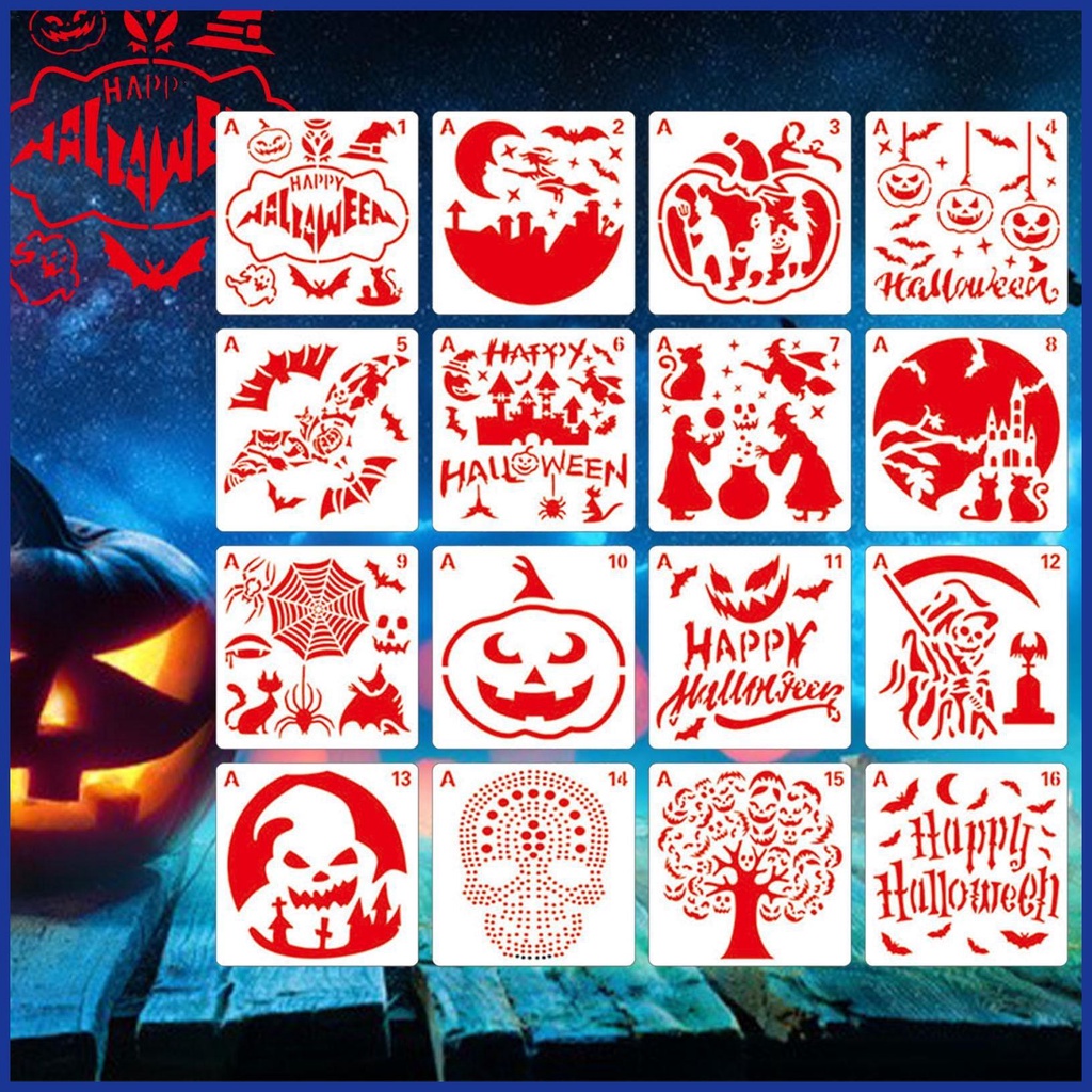 Set 16 Khuôn Phun Họa Tiết Bí Ngô Halloween Dùng Để Trang Trí Thiệp