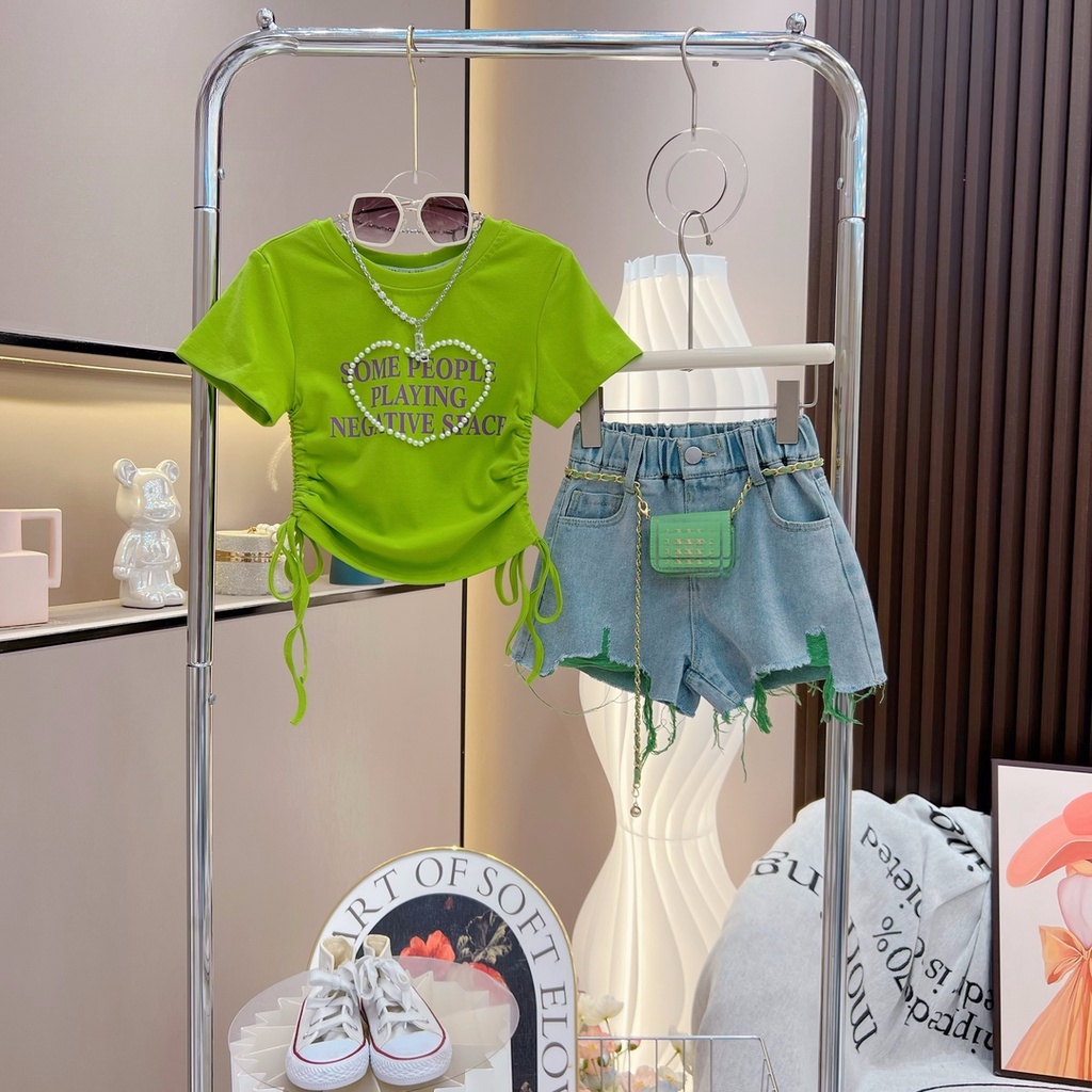Set Áo Thun Tay Ngắn Phối Quần Short Denim Thời Trang Hè Cá Tính Cho Bé Gái