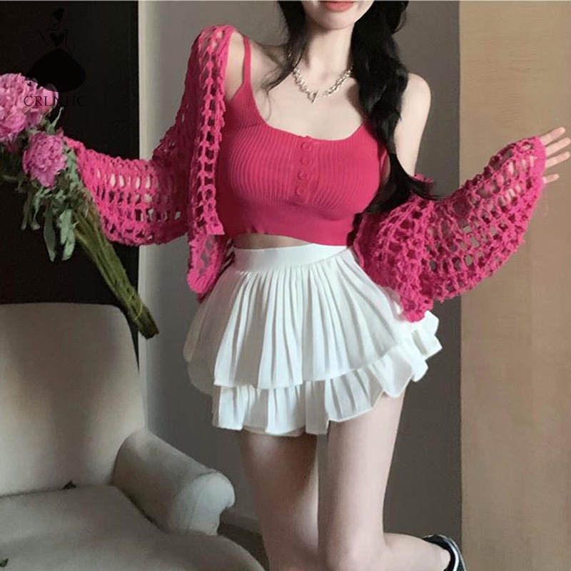 Áo Dệt Kim Sát Nách Dáng Rộng Màu Trơn Thời Trang Mùa Hè CRLNHC Y2k