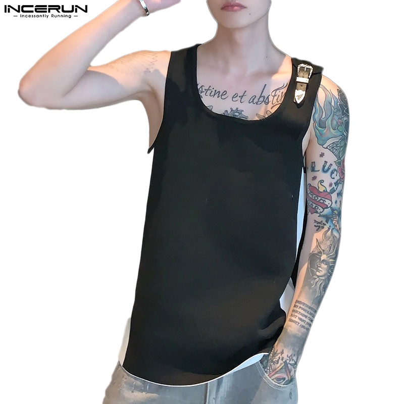 INCERUN Áo Tank Top Dệt Kim Phối Dây Kim Loại Cá Tính Cho Nam