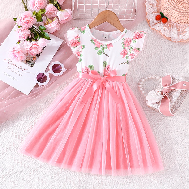 Váy bé gái 4-7 Tuổi Kiểu Công Chúa Thời Trang Vải Tuyn Tay Xếp Nếp Màu Hồng Dễ Thương Mùa Hè Cho Bé Gái Trẻ em