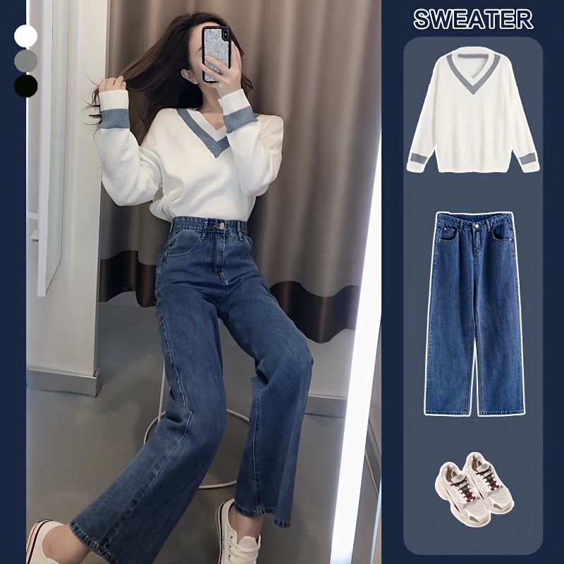 Mới Set Áo Sweater Dệt Kim + Quần Jeans Lưng Cao Ống Rộng Thời Trang Cho Nữ