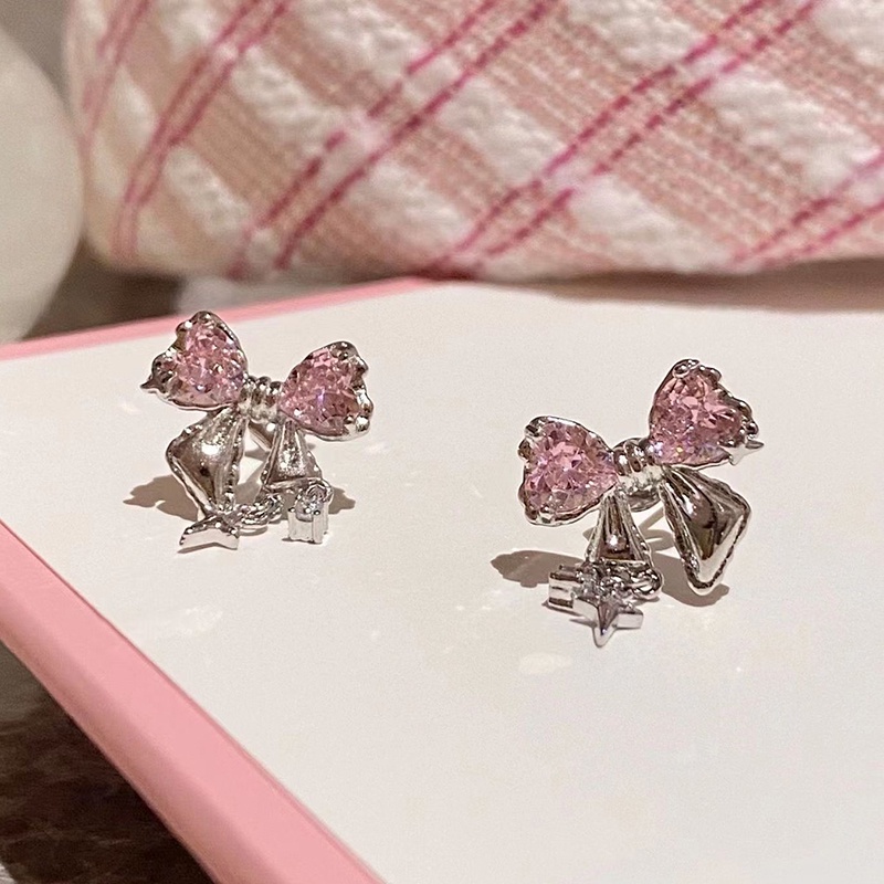 High-end pink bow stud earrings hoa tai tinh tế yr