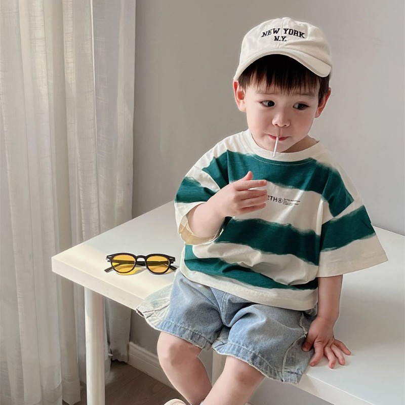 Áo Thun Tay Ngắn Họa Tiết Kẻ Sọc In Chữ Phong Cách Hàn Quốc Thời Trang Mùa Hè Mới Cho Bé Trai Và Gái