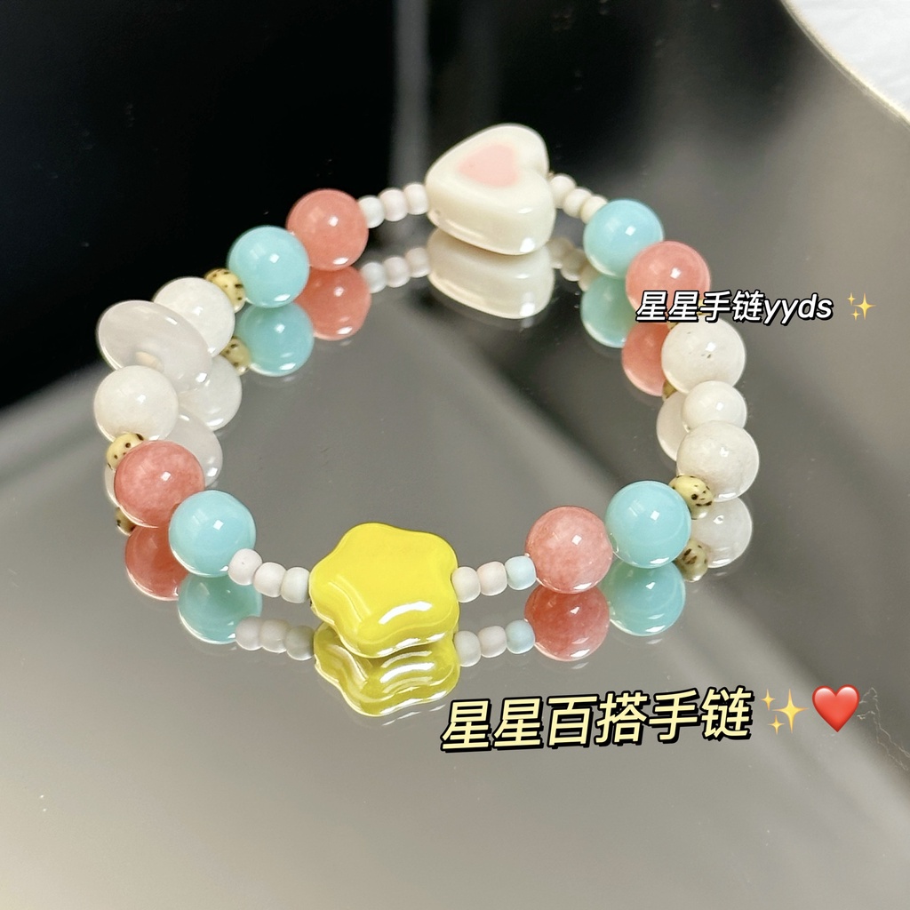 Vòng Tay Chuỗi Hạt Co Dãn Mặt Hình Ngôi Sao / Trái Tim Nhiều Màu Dễ Thương Cho