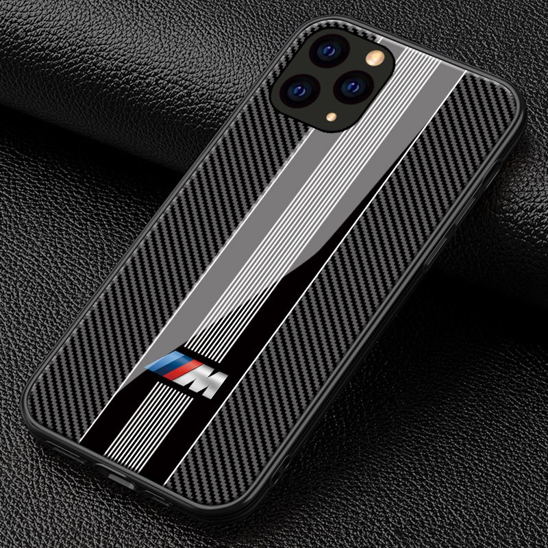 BMW Ốp Điện Thoại Mặt Kính Cứng In Họa Tiết Sợi Carbon Cho iPhone 11 12 13 14 Pro Max Mini 15 X XR XS Plus SE2020