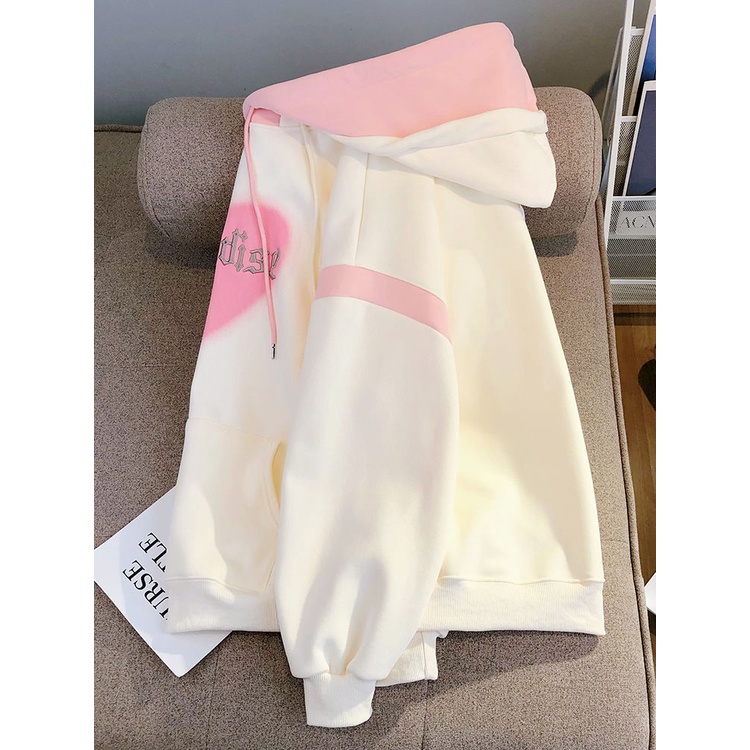 Love pink trùm đầu lông cừu lót dày áo len nữ nhỏ 2023 phong cách mới phong cách preppy lỏng lẻo 100kg hàng đầu