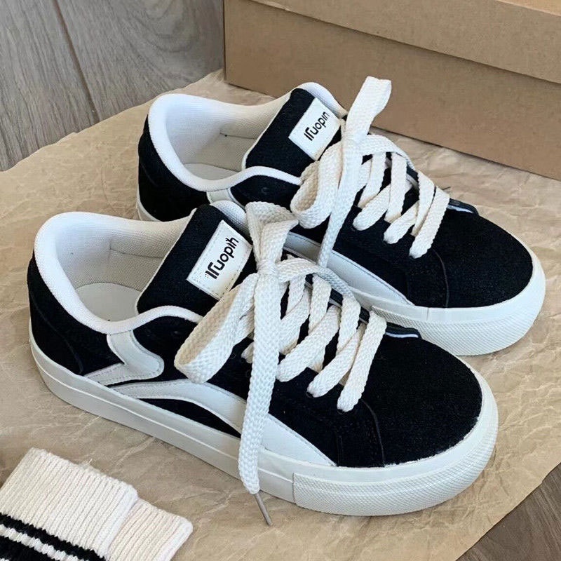 GUDETU  Giày Thể Thao Vải Bạt Thời Trang Hàn Cho Nữ Giày Thể Thao Cổ Thấp Màu Đen Thời Trang Mùa Xuân Xu Hướng đường phố bắn trúng mỗi đôi giày Sneaker sinh viên.