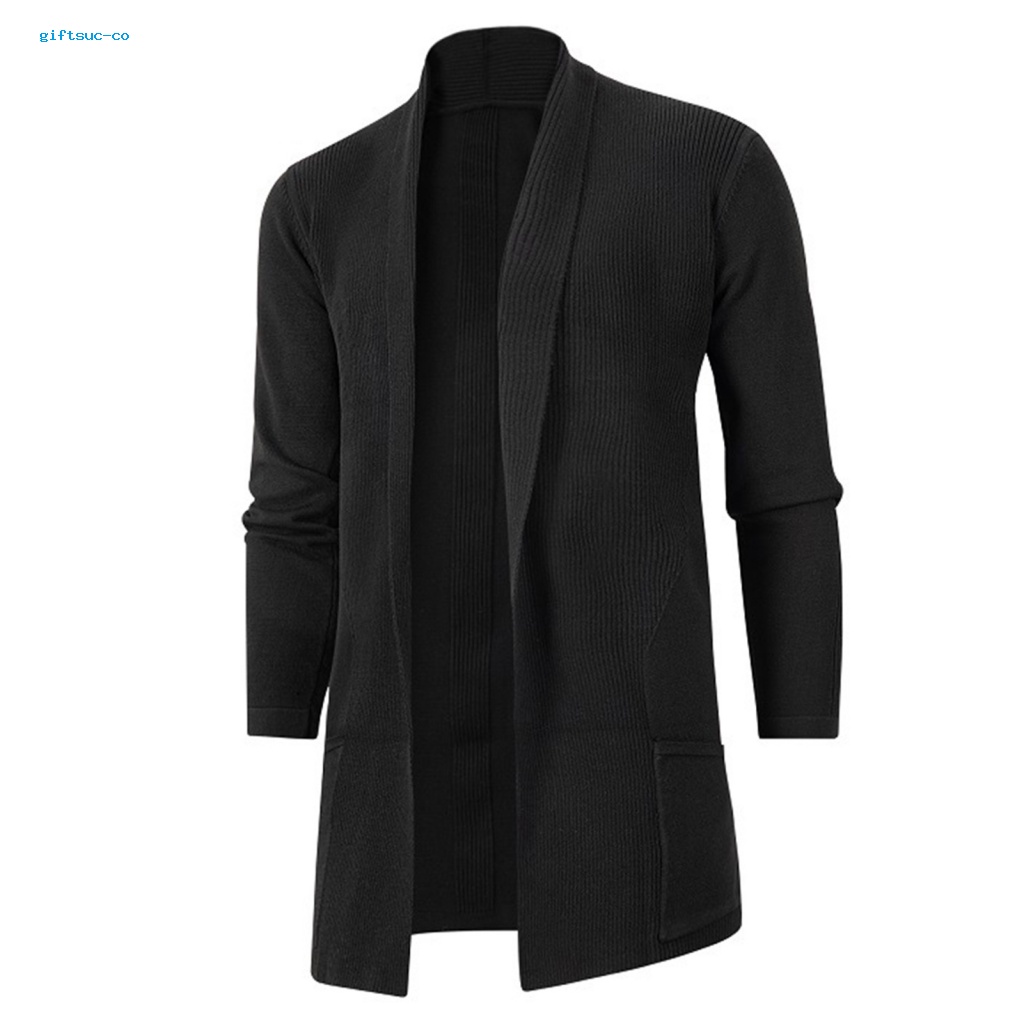 Áo Khoác Cardigan Dệt Kim Tay Dài Màu Trơn Có Túi Trước Mở Phía Trước Thời Trang Mùa Thu Cho Nam