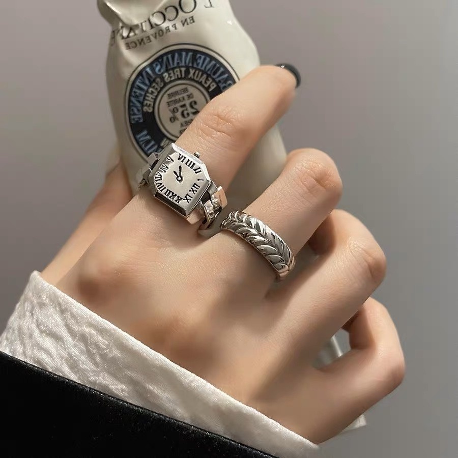 Nhẫn titan nam nữ hình đồng hồ unisex Merin Accessories freesize màu bạc Titan đẹp đơn giản không gỉ - Nhẫn Watch