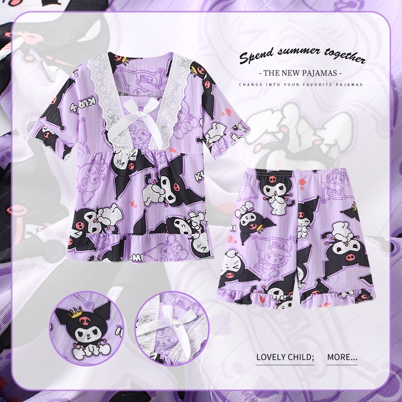 Bộ Đồ Ngủ Kuromi Ngắn Tay Họa Tiết Sanrio Cinnamorol Pijama Cho Bé Gái
