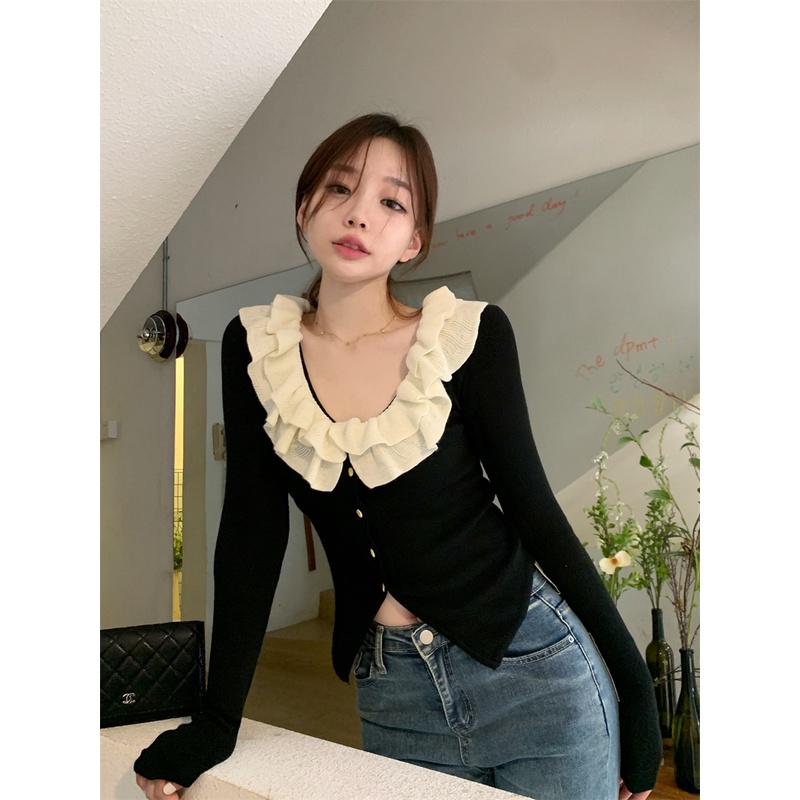 Áo Sweater Tay Dài Cổ Phối Bèo Thiết Kế Mới Thời Trang Mùa Thu Dành Cho Nữ