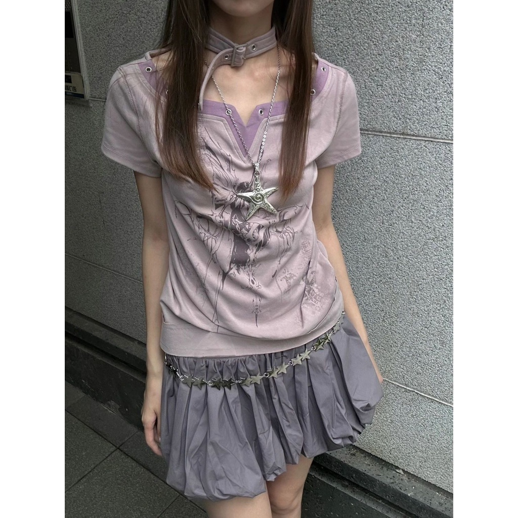 Áo Thun Tay Ngắn Cổ Chữ v Màu Xám Tím Phong Cách Mỹ Thời Trang Mùa Hè Cho Nữ