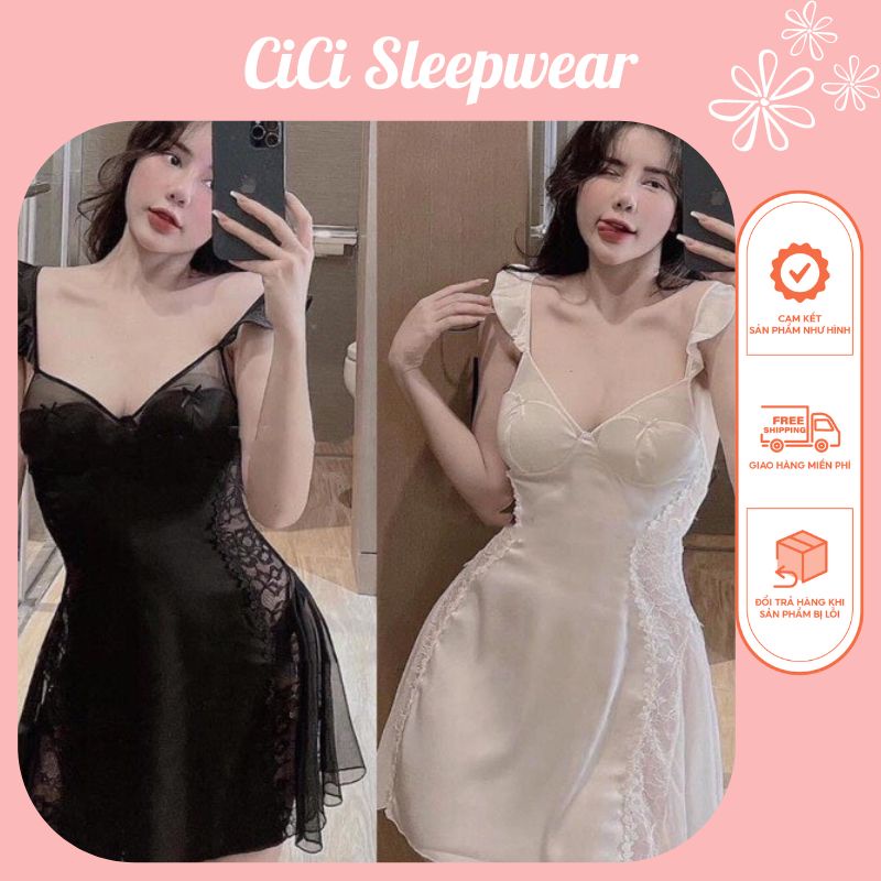 CV100 Váy ngủ lụa cao cấp phối ren xuyên thấu- dáng xòe cực xinh CICI SLEEPWEAR