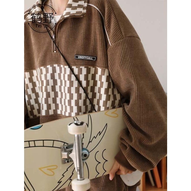 Waffle nửa dây kéo polo cổ áo len nam và nữ áo khoác rộng thùng thình mùa thu