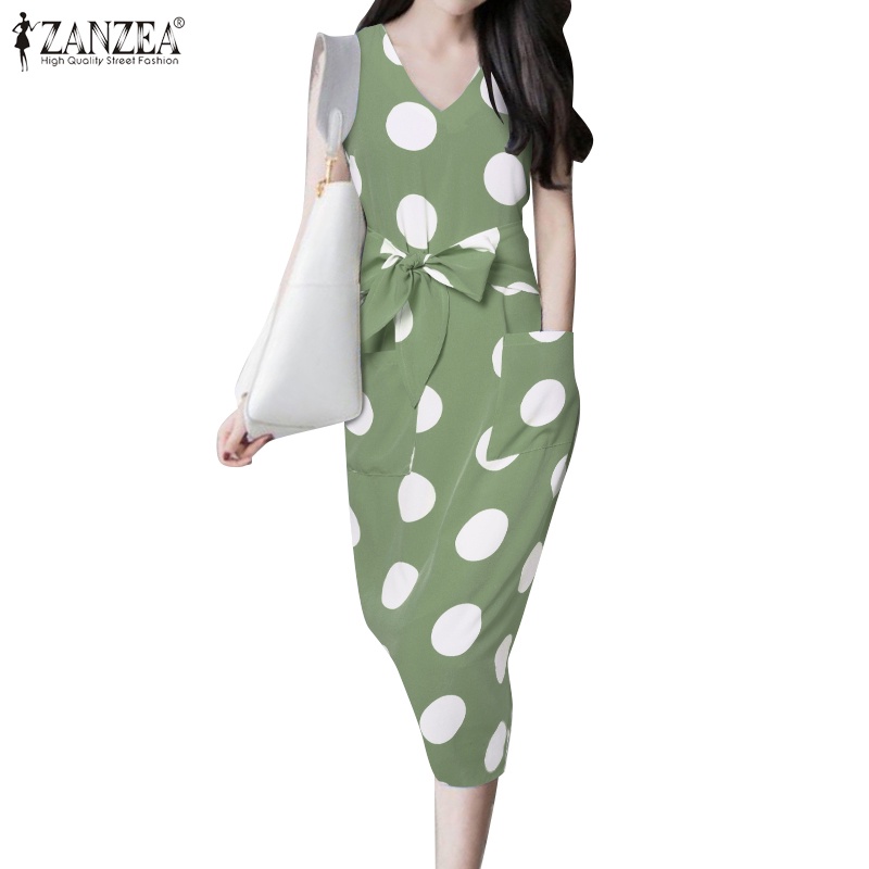 Đầm ZANZEA không tay cổ chữ V họa tiết chấm bi phong cách Hàn Quốc thời trang dành cho nữ