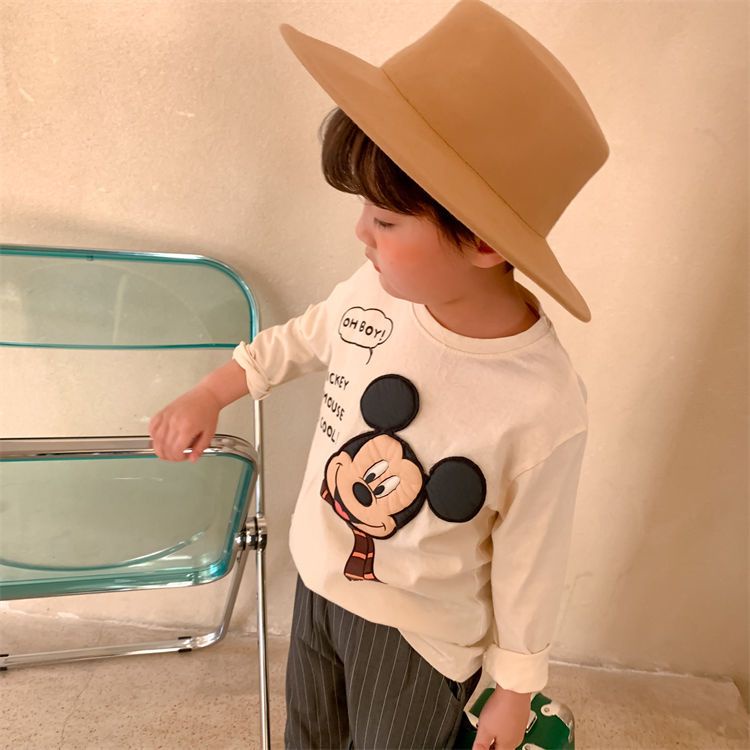T-shirt trẻ em mùa thu mới bé trai và bé gái phim hoạt hình chuột vá bông dài tay áo chui đầu cho bé