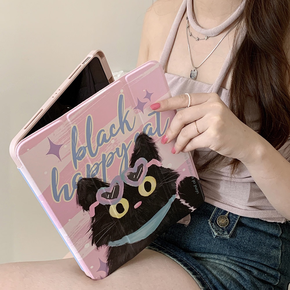 Vỏ cứng acrylic màu đen happy cat pattern case tương thích với ipad mini6 ipad5 6 7 8 9 air air air1 air2 air4 air5 10.9 "pro11 2018 2020 2021 2022 bao da