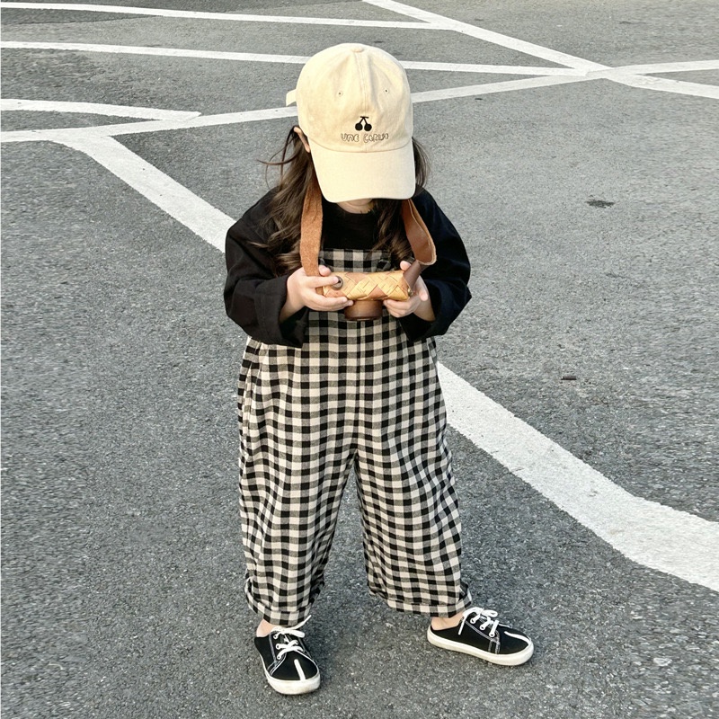 Quần yếm bé gái caro ống rộng QG542 sz 90-140, quần yếm trẻ em vintage