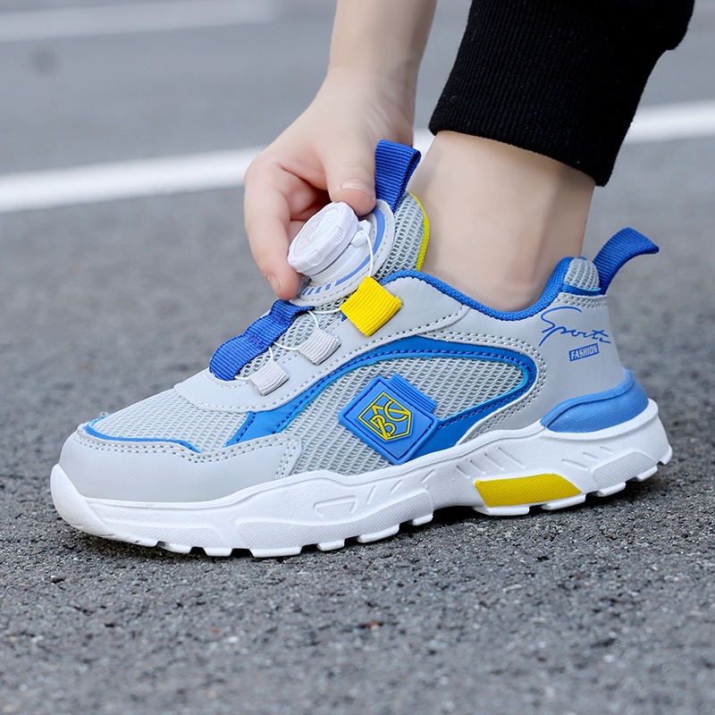 New boys sneakers mesh thoáng khí trẻ em ngoài trời giày thể thao thời trang nút xoay trẻ em giày đi bộ nhẹ