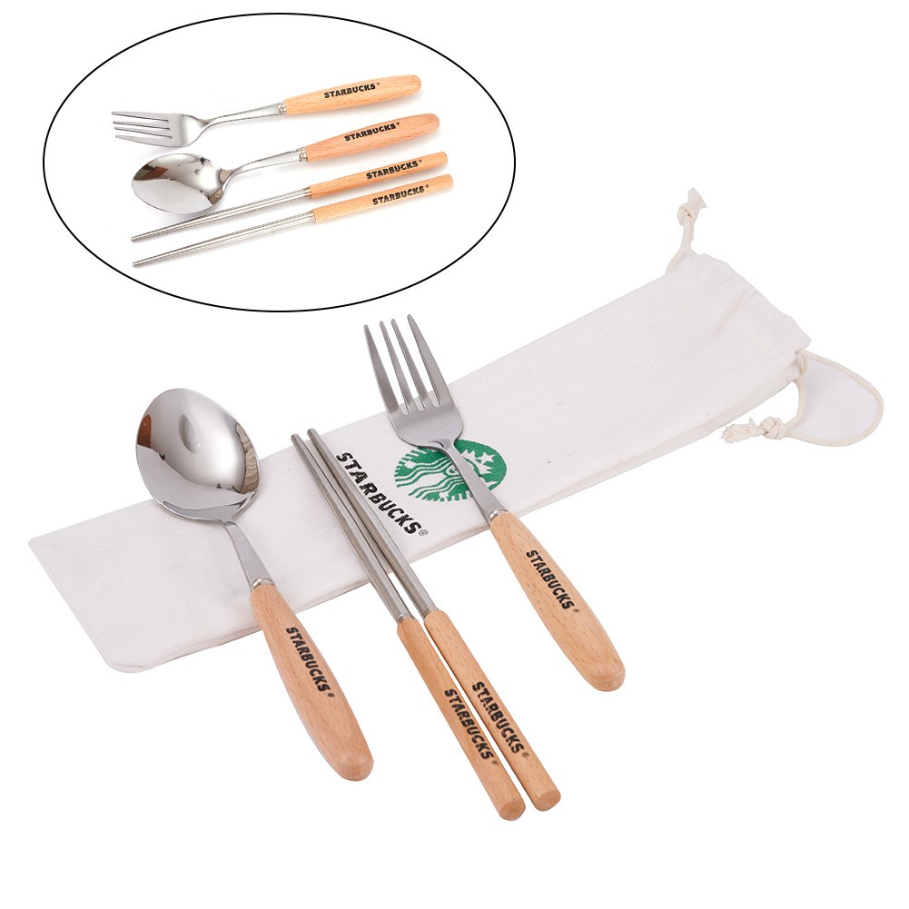 Starbucks Bộ Muỗng Đũa Nĩa Bằng Inox Phong Cách Nhật Bản