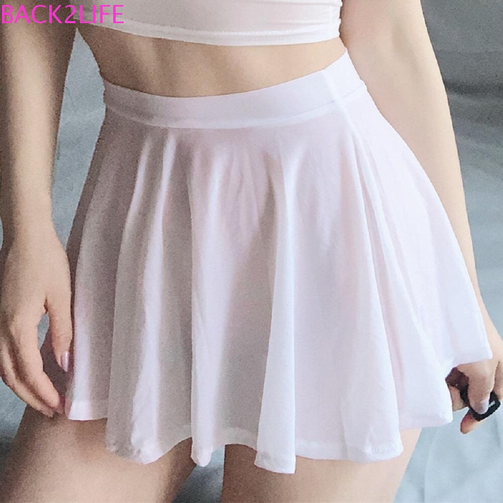 Back2life diềm xếp nếp váy trong suốt phụ nữ sexy màu rắn váy ngắn eo cao