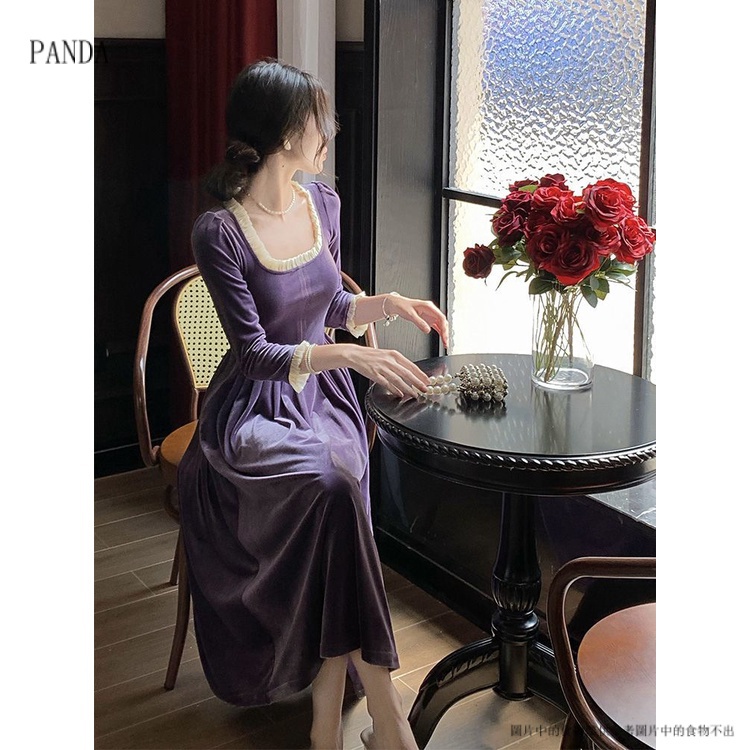 PANDA7.30Đầm Nữ Dài Tay Chất Nhung Màu Tím Phong Cách Retro váy nữ chân váy