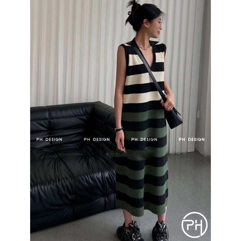 Váy len kẻ ngang pha màu hàng QC