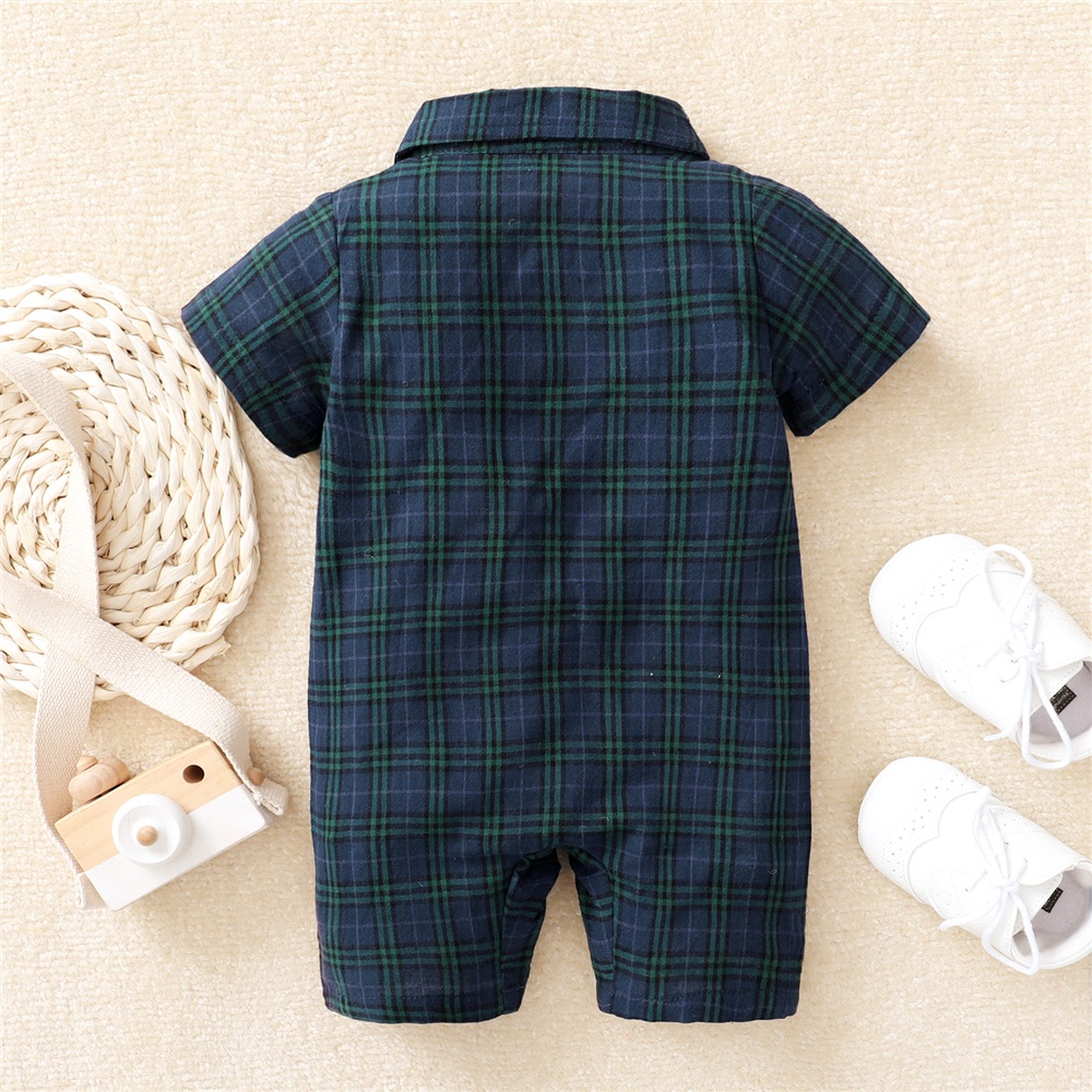 Sơ sinh baby boy gentlemen's bodysuit turn-down tay ngắn kẻ sọc romper Áo liền quần quần áo dự tiệc hàng ngày