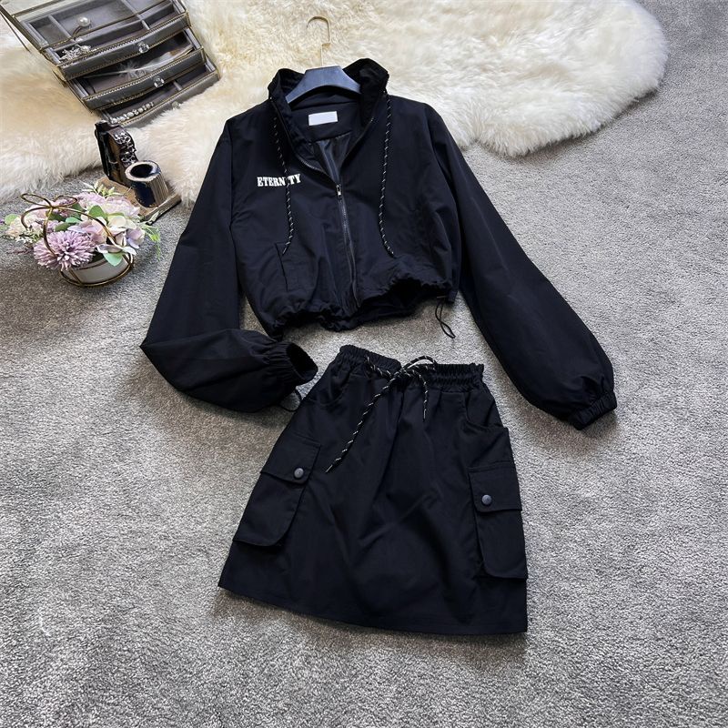 Thời Trang Bộ Áo Khoác cardigan Dáng Rộng Phối Khóa Kéo + Chân Váy Ngắn Lưng Cao Phong Cách Thể Thao Năng Động