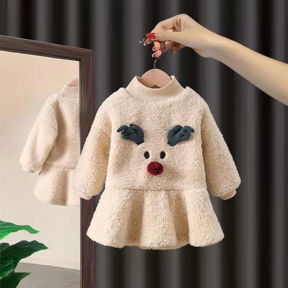 Bear leader baby girl's dress 2023 new autumn winter lamb velvet elderly elk horn váy dài tay cho 1-6 tuổi