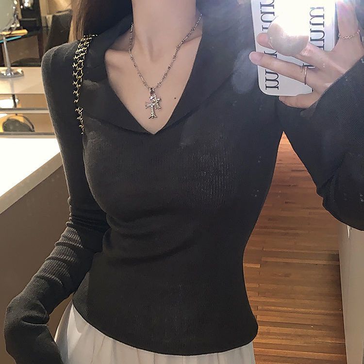Mùa thu dài tay t-shirt polo cổ áo dệt kim đáy áo sơ mi phụ nữ hàng đầu