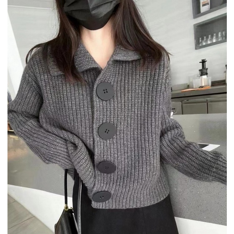 Thu đông phong cách mới lười biếng phong cách dệt kim cardigan hàng đầu phụ nữ phiên bản hàn quốc ve áo rời single-breasted áo khoác len nữ dệt kim