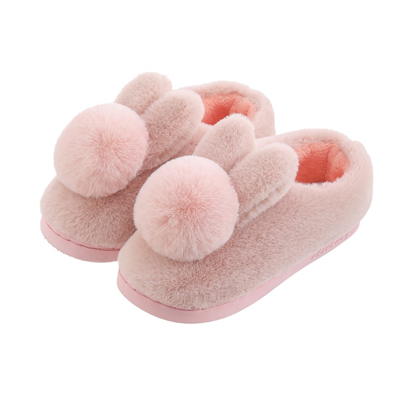 Bag heel cotton slippers nữ winter three-dimensional rabbit fur male couple anti-slip thick-so