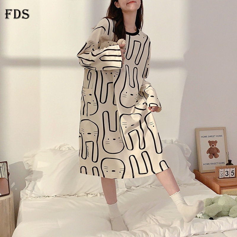 Đầm ngủ mặc nhà FDS tay dài mềm mại thoải mái họa tiết thỏ dễ thương thời trang thu đông ngọt ngào cho nữ