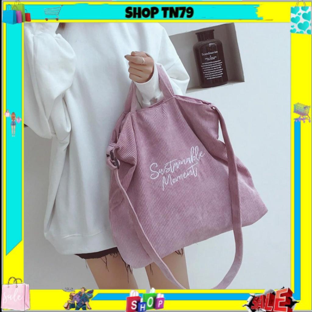 Túi tote đeo chéo vải nhung thêu chữ siêu to ullzang unisex đi học đi chơi