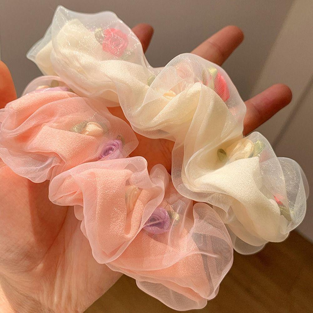 Dây Cột Tóc Cao Su Hai Lớp Phối Lưới Họa Tiết Hoa 15H Thanh Lịch Cho Nữ