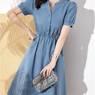 Đầm Ngắn Dáng Ôm Cổ Đứng Eo Vừa Vặn Màu Xanh Dương Thời Trang Mùa Hè Đa Năng Dành Cho Bạn Nữ