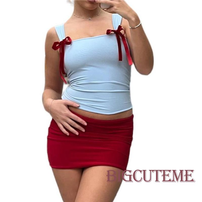 [] - Áo Tank Top Thắt Nơ Dễ Thương Mỏng Vừa Vặn Phong Cách Retro Đường Phố Hàn Quốc Y2k