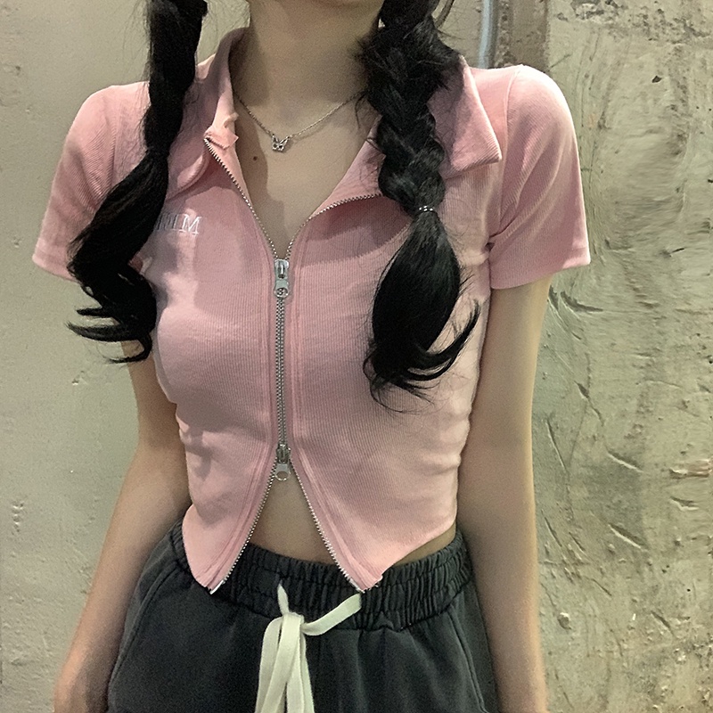 Áo Thun Xám Tay Ngắn Phối Khóa Kéo Đôi Thời Trang Mùa Hè Cho Nữ Gor22