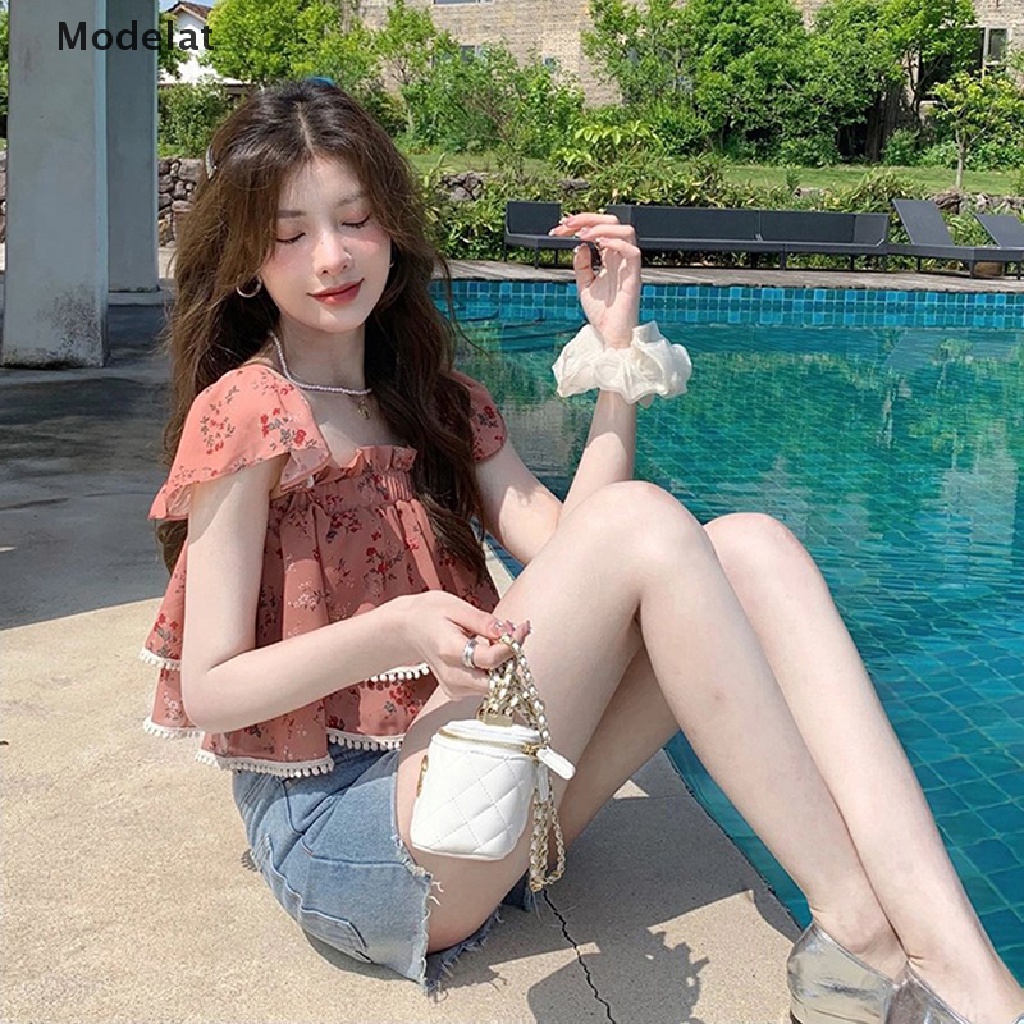 Áo Croptop Cổ Vuông Tay Cánh Bướm In Họa Tiết Hoa Thời Trang Mùa Hè Xinh Xắn Cho Nữ