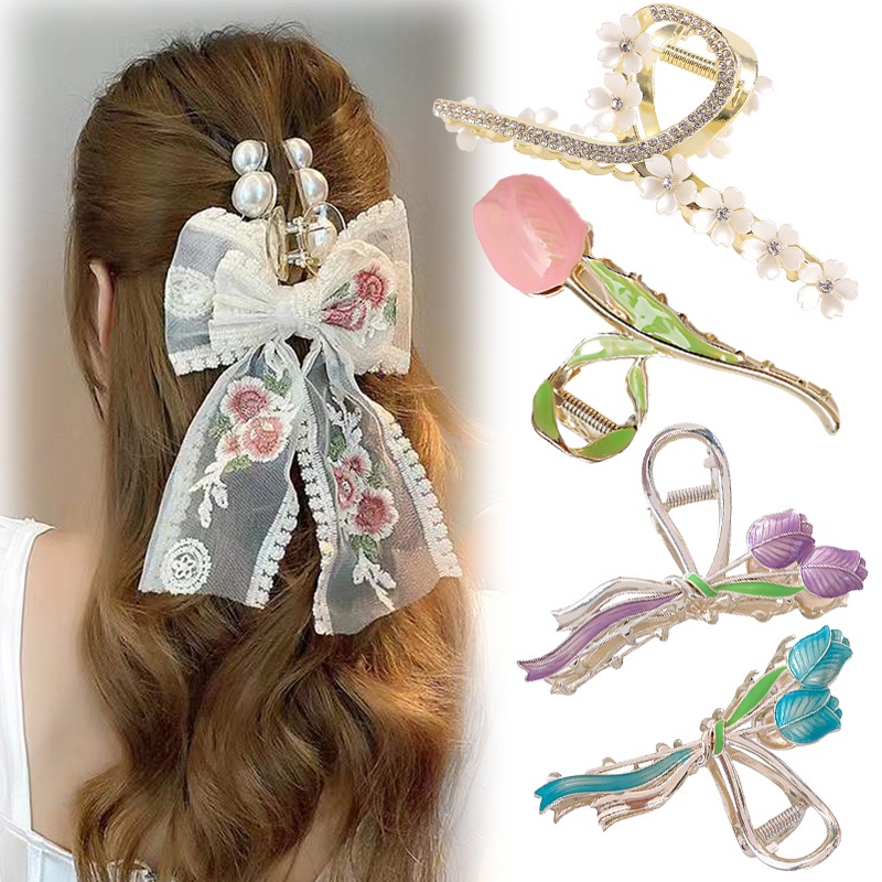 Kẹp Tóc Đuôi Ngựa Bằng Kim Loại Hình Hoa Tulip Đính Ngọc Trai Thanh Lịch Cho Nữ